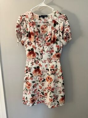 Floral V-Neck Puff-Sleeve Mini Dress in Cream and Rose